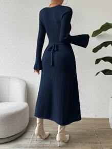 SHEIN Clasi 1 件女士优雅系腰喇叭袖针织长袖连衣裙 - 藏蓝色 - 查看 2