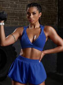 Powerista Women's Stretchy Breathable Letter Print Sports Bra, Fall - Blue - View 4