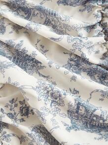 SHEIN MOD Plus Size Summer V-Neck Ruffle Hem Waist Drawstring Front Short Back Long Vintage Floral Print Dress,Beach Dress Sundress,Holiday Outfits Boho,Birthday Dresses For Women - Blue and White - View 4