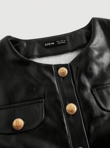 SHEIN MOD Giacca in similpelle con collo rotondo, maniche lunghe, tasche e bottoni automatici, giacca in pile, giacca nera da donna, giacca di pelle da donna, giacca invernale da donna, casual business da donna