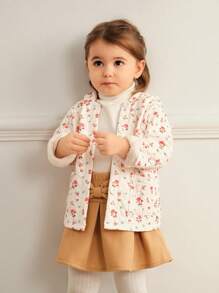 SHEIN Baby Girls Winter Warm Thicken Fuzzy Trim Ditsy Floral Jacket, Cozy Outerwear With Hoodie - Multicolor - View 4