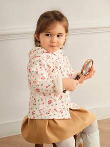 SHEIN Baby Girls Winter Warm Thicken Fuzzy Trim Ditsy Floral Jacket, Cozy Outerwear With Hoodie - Multicolor - View 5