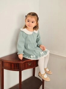 Souflis Souflis Baby Girls Floral Ruffle Collar Long Sleeve Elastic Waist Flared Hem Princess Dress, Cute & Fashionable For Spring/Autumn