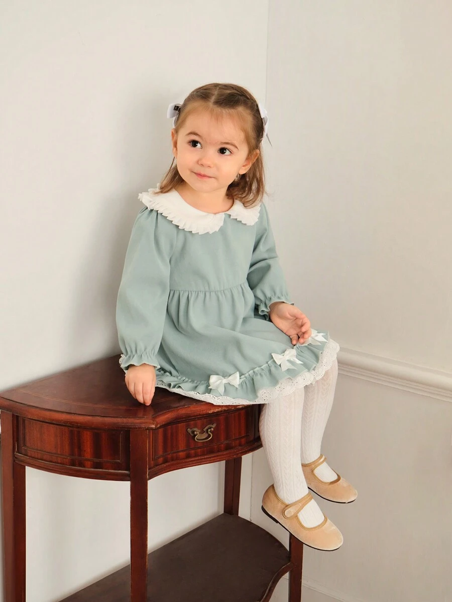 Souflis Souflis Baby Girls Floral Ruffle Collar Long Sleeve Elastic Waist Flared Hem Princess Dress, Cute & Fashionable For Spring/Autumn