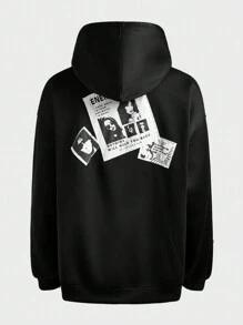 Manfinity VCAY 加大码男士宽松贴花刺绣街头风格拉链长袖连帽运动衫，外出街头穿着拉链连帽衫，适合朋友、丈夫、男朋友的礼物，适合秋冬 - 黑色 - 查看 2