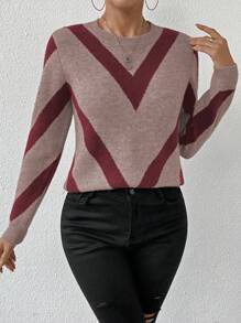 SHEIN PETITE Áo len sọc hình học cổ tròn, hàng mới về mùa thu/đông 2024 - Nhiều màu - Xem 5