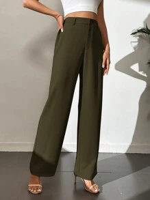 SHEIN Tall 女款休閒純色直筒長褲，適合高個女性 - 軍綠色 - 查看 3