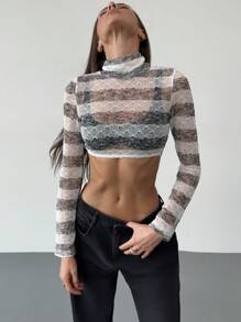 Aloruh Y2K 风格高领长袖撞色短款纹理面料女式衬衫 - 黑與白 - 查看 1