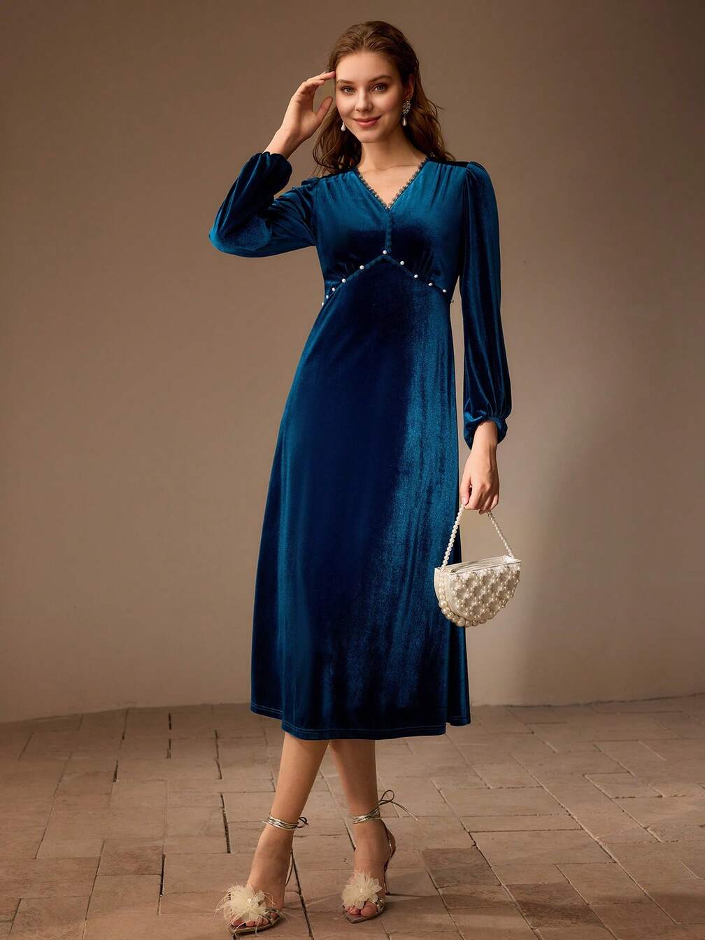 VELVET V-NECK LANTERN SLEEVE LACE FAUX PEARL TRIM MIDI DRESS FOR