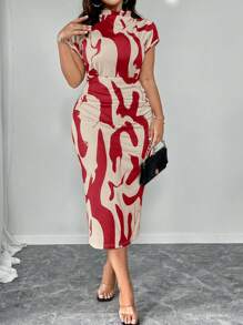 Elenzga Plus Size Women's Knitted Stretch Dress For Spring & Summer - Sexy Slim-Fitting, Waist-Cinching, Bodycon, Irregular Striped Print, Short-Sleeve, Small Stand Collar, Multi-Color, Simple Style For Office Commute And Daily Wear - Multicolor - View 1