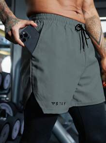 Manfinity Sport Streetwear Pantalones deportivos con cintura ajustable y estampado de letras para hombre, de 2 en 1