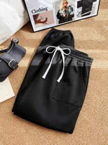 SHEIN EZwear Plus Size Dames, Werkbroeken, Zwarte Thermisch Gevoerde Casual Joggingbroek Met Trekkoord Taille, Herfst/Winter