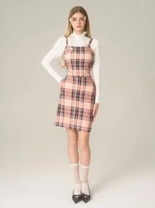 3pcs Set For Teenage Girls: Elegant Retro Knitted Elastic Plaid Camisole Top, Mini Skirt, High Neck Long Sleeve T-Shirt - Multicolor - View 4