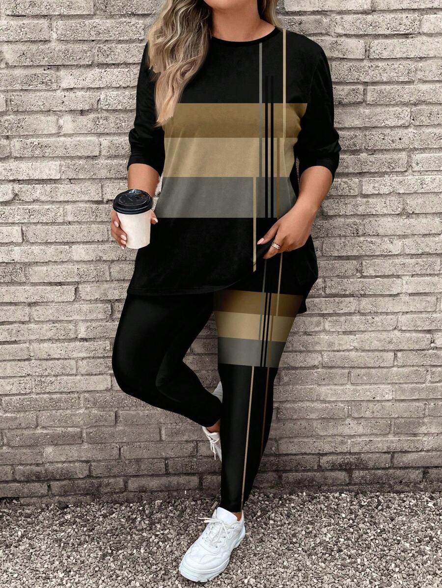 SHEIN LUNE 2pcs Plus Size Women Striped Print Long Sleeve T-Shirt And Yoga Pants Set, Casual For Autumn/Winter - Black - View 1