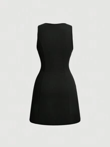 SHEIN MOD 1 件女士纯色 V 领前扣无袖优雅连衣裙 - 黑色 - 查看 2