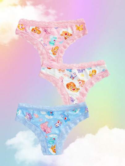 SHEIN X Care Bears 3 条装女士卡通熊印花撞色蕾丝内裤，蓝色和粉色