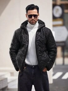 Manfinity Homme Chaqueta acolchada con cremallera y capucha con pespunte en Z para hombres, abrigo acolchado de invierno urbano para otoño/invierno, como regalo para amigos, esposo, novio