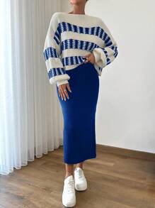 EURMUSE 2pcs Set Contrast Color Crochet Knitted Fashion Sweater - Blue - View 5