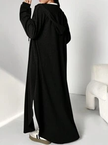 Al Najma Women's Casual Solid Color Drawstring Hooded Long Arabian Abaya Robe, Spring & Autumn, Casual Long Abayas, For Casual Daily/Back To School/Travel, Modest - Black - View 3