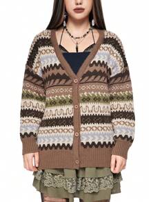 ROMWE Fairycore Áo len cardigan dệt kim Jacquard cổ tích rừng cổ điển dành cho nữ - Nhiều màu - Xem 2