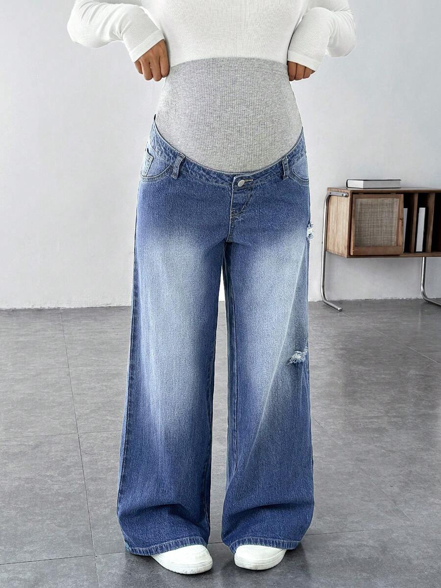SHEIN Maternity Gray Knitted Patchwork Blue Denim Loose Distressed Straight Leg Jeans - Blue - View 1