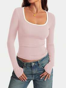 INAWLY Camiseta ajustada de mujer casual de cuello en contraste de color, otoño