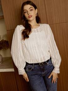 Elaquor 加上纯色秋季灯笼袖衬衫，不含吊带背心、蕾丝、长袖、约会之夜 - 杏色 - 查看 4