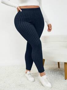 SHEIN Frenchy Quần legging thời trang thường ngày cỡ lớn cho nữ, thích hợp mặc hàng ngày - Màu xanh hải quân - Xem 3