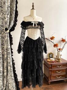 Vintamour Vintage Elegant Women Floral Jacquard Off Shoulder Long Sleeve Flared Cuff Lace Contrast Ruffle Bow Tie Party Festival Strapless Corset Blouse Winter Women Clothes Women Corsets Thanksgiving Women Outfit Winter Outfits Christmas Women Clothes Christmas Outfits Christmas Women Dress Christmas Party Dress Christmas Top Christmas Shirt Christmas Dress Christmas Clothes New Year Eve Dress Thanksgiving Dress Winter Tops Holiday Dress