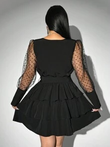 Viva Relle Vestido de manga larga con contraste de malla para tallas grandes - Negro - Ver 5