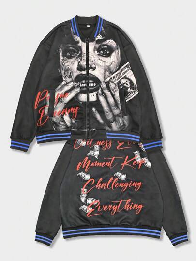 Street Life Men's Casual Loose Letter & Figure Print Long Sleeve Baseball Jacket, Autumn