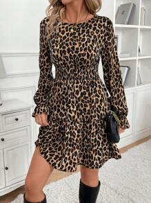 SHEIN Frenchy Women Leopard Print Mini Shift Long Sleeve  Dress, Round Neck, Casual And Fashionable For Everyday Wear, Long Sleeve Dress