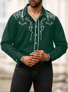 Manfinity Homme 大码男士印花纽扣长袖休闲衬衫，秋季款