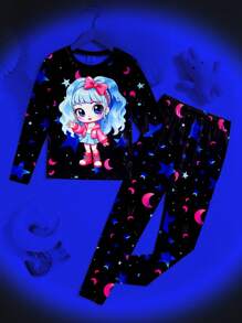 SHEIN Tween Girl 舒适贴身霓虹卡通图案圆领插肩袖上衣和裤子休闲舒适睡衣套装 - 彩色 - 查看 1