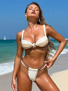 SHEIN Swim Women's Summer Beach Knotted Strap Colorblock Bikini Set - Multicolor - View 4
