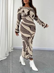 SHEIN Unity Große Größen elegantes Damen Strickkleid mit langen Ärmeln und Blumenmuster, figurbetont, für den Winter