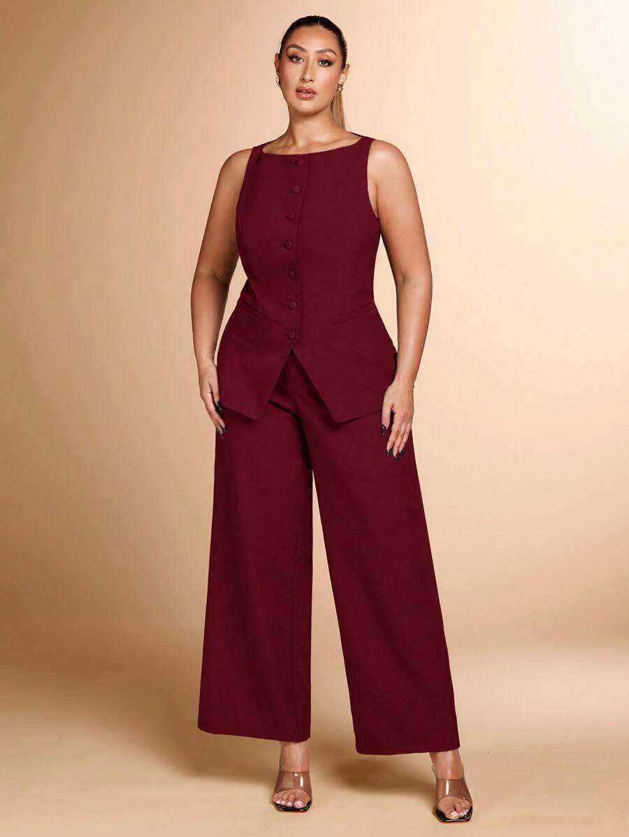 SHEIN BAE Plus Size 2pcs Elegant Daily Commuting Women's Red Boat Neck Sleeveless Vest And Wide-Leg Trousers Business Commuting Two-Piece Suits Women Set