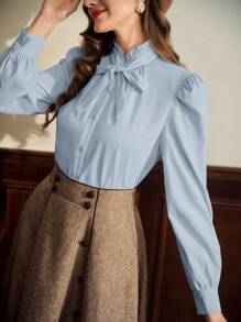 Vintamour Vintage Elegant Women's Blouse With Ruffle Collar, Bowknot Cuff, And Gathered Details, Long Sleeve Casual Work Shirt Women Clothes Homecoming Women Blouses Office Wear Women Women Outfits Tops Long Sleeves Woman Outfits Women Shirts Women Clothes Long Sleeve Blouse Clothing Women Tops Cottage Core Birthday Women Outfits Christmas Shirt Work Women Blouses Spring - Blue - View 3