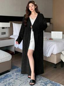 DAZY Long Plush Bathrobe, Simple Design For Winter Home Wear - Black - View 6