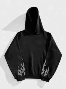 Forever 21 Men's Autumn And Winter Black Loose Fit Long Hoodie With Flame Rhinestone Print - Black - View 1