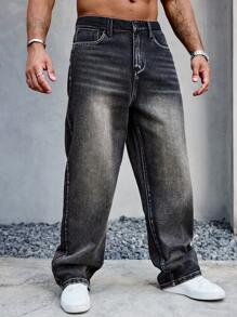 Manfinity Homme Men's Solid Color Patch Pocket Casual Straight Leg Jeans - Dark Grey - View 4