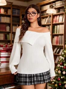 SHEIN EZwear Suéter blanco de hombros descubiertos de talla grande, otoño/invierno