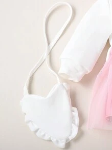 SHEIN Playful Pals 女婴可爱甜美网眼撞色心形装饰连衣裙，适合春秋季节 - 白色 - 查看 5