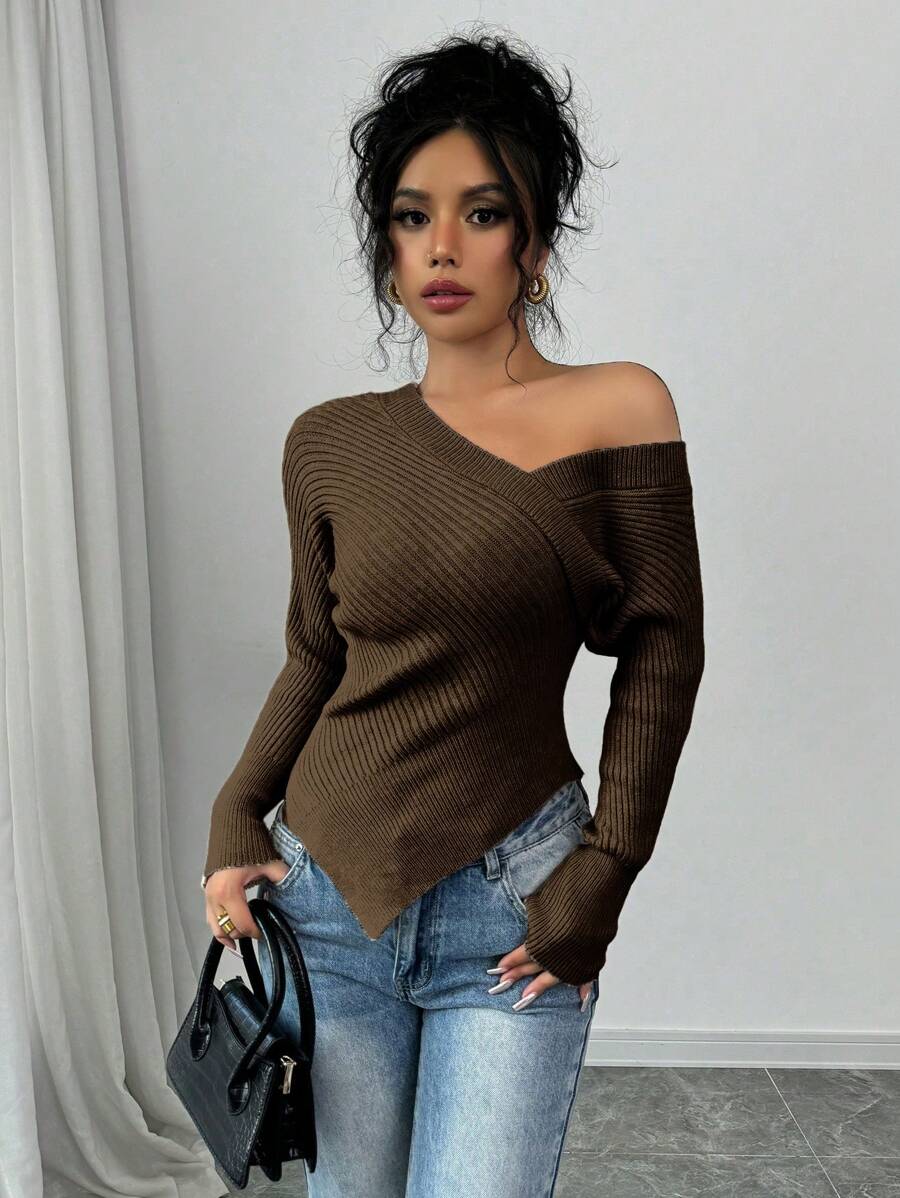 Selianne Elegant Khaki Knotted Shoulder Knit Sweater Pullover Top For Women Knit Pullover Fall Winter - Brown - View 1