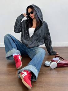 Flirla Women VINTAGE WASH Printed Oversized Hoodie Jacket, Casual For Autumn/Winter - Grey - View 1
