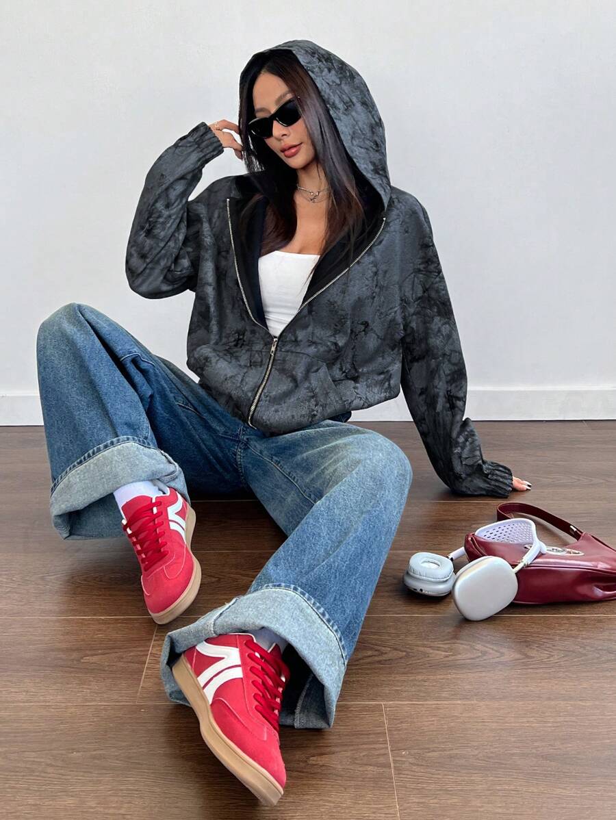 Flirla Women VINTAGE WASH Printed Oversized Hoodie Jacket, Casual For Autumn/Winter - Grey - View 1