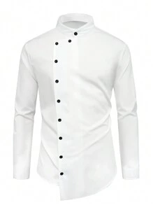 Manfinity Homme Men's Business Casual Simple Solid Stand Collar Long Sleeve Plain Work Shirt, Spring/Autumn, For Husband