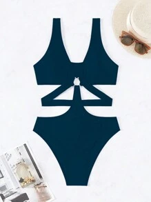 SHEIN Swim Women's Solid Color Hollow Out Fitted One-Piece Swimsuit For Beach Vacation, Summer