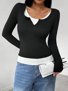 SHEIN LUNE Blusas simples de unicolor con costuras de manga larga para el ocio diario de las mujeres