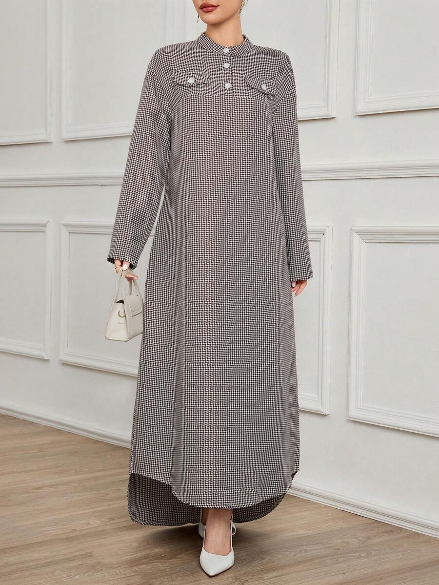 Al Najma 女式宽松长款千鸟格印花漏斗领不对称下摆长款阿拉伯连衣裙，休闲朴素长袖阿拉伯连衣裙，适合日常休闲 - 咖啡棕 - 查看 1